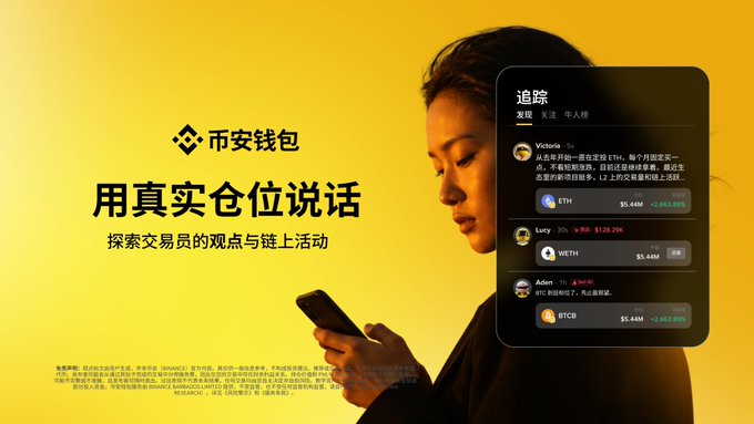 A Binance Wallet advertisement in Chinese reads “用真实仓位说话,” showing a woman using a phone beside a dark market-tracking panel.