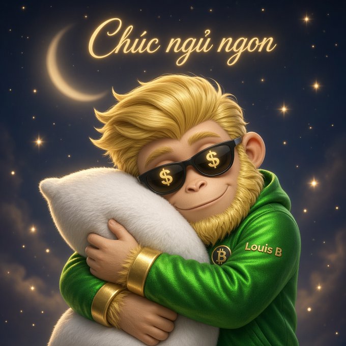 A 3D-rendered cartoon of a blonde monkey wearing sunglasses with dollar signs, a green hoodie, and gold bracelets, hugging a white pillow against a starry night background with the text 'Chúc ngủ ngon' (Good night in Vietnamese).