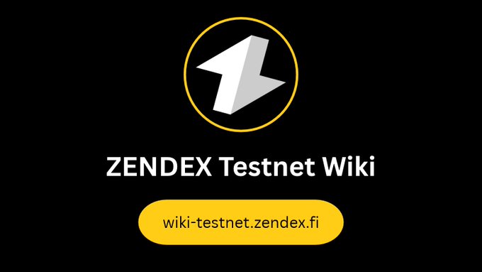 A black promotional graphic displays a circular yellow-rimmed logo above the text “ZENDEX Testnet Wiki” and the URL “wiki-testnet.zendex.fi.”