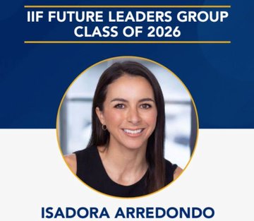 A promotional graphic for 'IIF Future Leaders Group Class of 2026' featuring a circular portrait of Isadora Arredondo, a smiling woman with long brown hair wearing a black top.