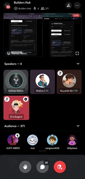 A mobile screenshot of a "Builders Hub" Discord or similar community server interface shows a live presentation by "Nahian Nahin" about "Solidity," with 4 speakers and 371 audience members visible.