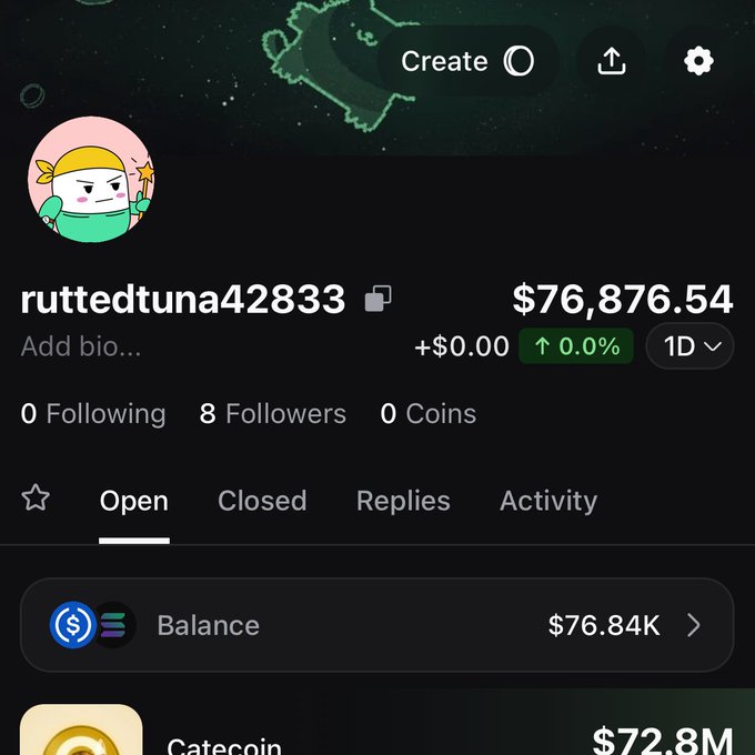 A profile page for "ruttedtuna42833" displays a balance of $76,876.54 with 8 followers, accompanying a post about reviewing overnight trading logs from a Grok Bot fund before publishing a detailed build breakdown.