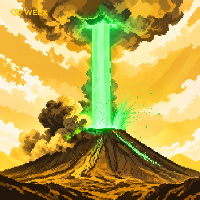 A pixel-art volcano erupts a towering green laser beam into the sky, with the "WELX" logo in the upper left corner, visually symbolizing a token's explosive price surge straight up the chart.