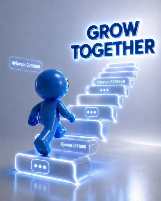 A 3D rendered blue character climbing up glowing chat message bubbles forming stairs, with the text 'GROW TOGETHER' and the username '@joraas3251968' displayed in a futuristic style.