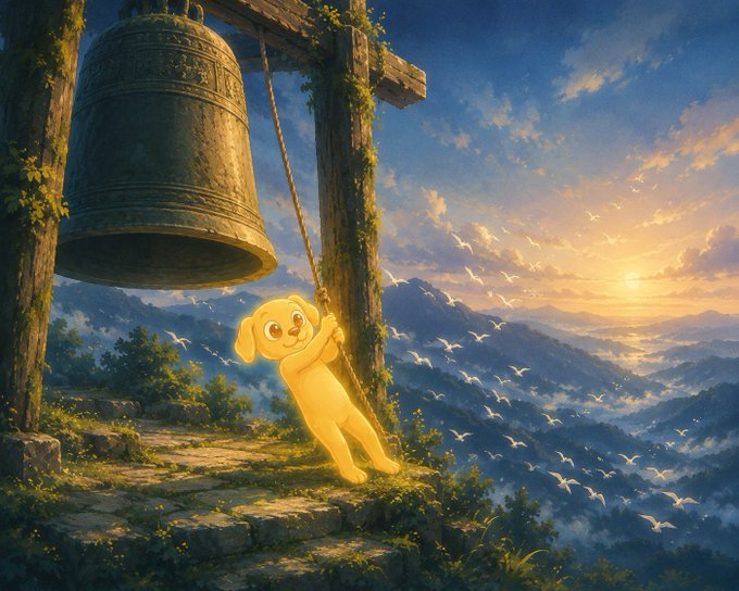 An illustration of a yellow cartoon dog ringing a large bell on a wooden structure overlooking mountains and a sunset, with birds flying in the background.