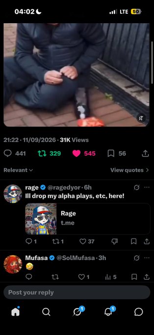 A Twitter/X post showing a video of a person in a dark jacket sitting on the ground, with 31K views, 441 replies, and comments from users @ragedyor and @SolMufasa.