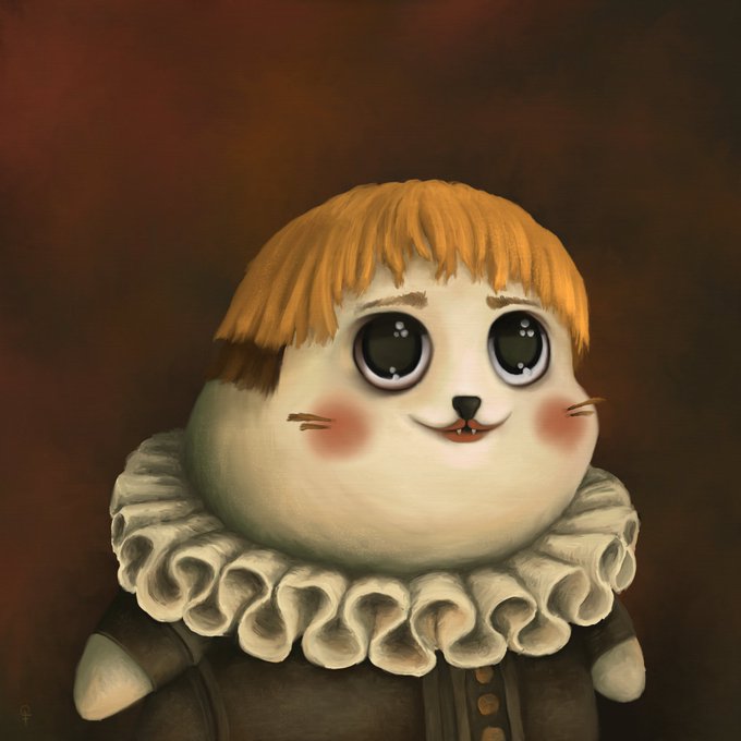 A digital painting of a cute, round character with orange hair, big eyes, rosy cheeks, and a ruffled collar resembling a seal in a classical portrait style.
