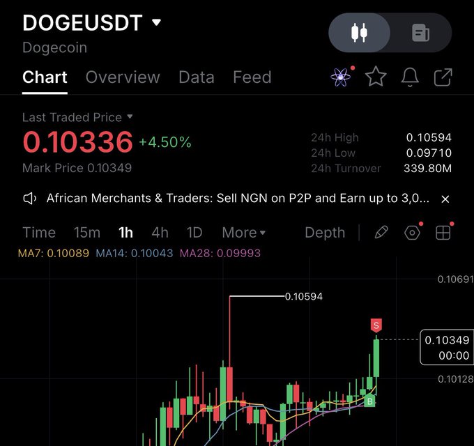 A cryptocurrency trading chart showing DOGEUSDT (Dogecoin) at 0.10336 with +4.50% gain, displaying candlestick patterns and moving averages MA7, MA14, and MA28.