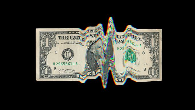 A crumpled, glitch-distorted $1 US bill (serial H29656614 A) appears to be tearing apart against a black background, visually echoing the post's metaphor of fragile "paper castles"—traditional financial systems that may collapse as AI-driven scrutiny exposes long-hidden vulnerabilities that public blockchains have already endured openly.