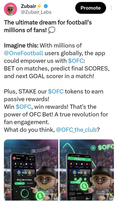 The image features a screenshot of an OFC app being promoted along with two different posts within Twitter about football betting. One post is directed towards @OFC_the_club, while another is toward @Polymarket. The main focus of these posts seems to be encouraging people to engage in football betting and promoting the OFC app as a part of this activity.