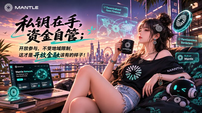 Promotional graphic for Mantle Network, highlighting 'Decentralized Open Finance', 'Permissionless Borderless', and 'Built on Mantle' features, with Chinese text emphasizing self-custody of private keys and open finance.