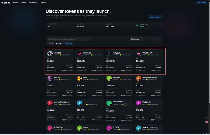 A SushiSwap token launch platform interface displaying newly launched tokens including Sushicat, Flamingo, Platypus, and POOLS.FUN with their market caps and prices.
