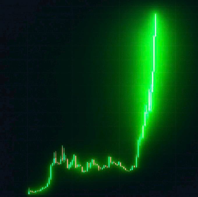 A green glowing stock/crypto chart displaying a candlestick pattern showing a dramatic upward spike on a dark grid background.