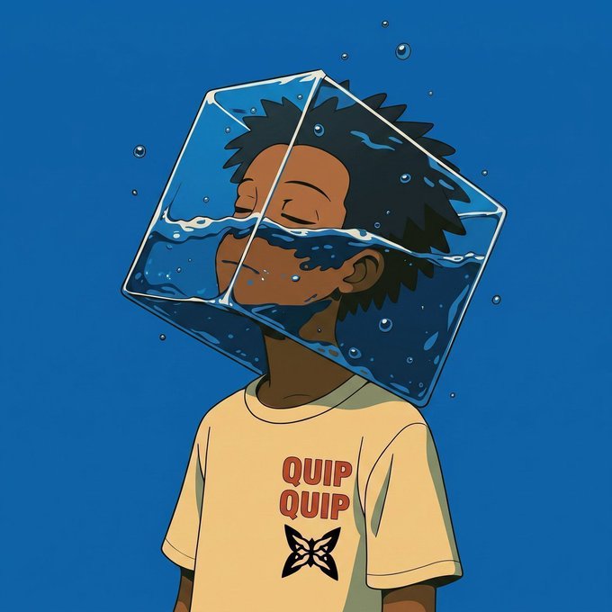 A young person with dark curly hair wears a yellow t-shirt reading "QUIP QUIP" with a butterfly logo, their head encased in a transparent cube filled with water and floating bubbles. The surreal underwater-for-the-mind imagery evokes themes of submersion in thought, fitting the post's note about Quip Network appearing in conversations from quantum researchers to enterprise tech teams discussing accessible quantum compute beyond typical crypto circles.