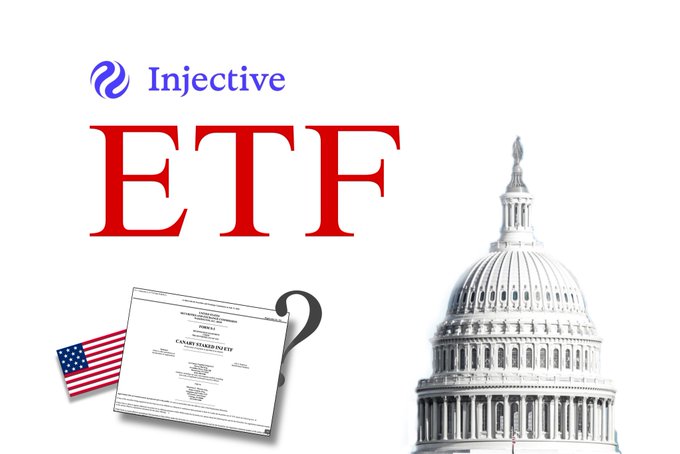 The image shows an "Injective ETF" concept graphic featuring the Injective logo, a document labeled "CANARY MARINADE SOL" with an American flag, and the U.S. Capitol building, visually representing the potential for an INJ ETF following Bitnomial's launch of INJ futures and the SEC's requirement for six months of CFTC-regulated futures trading before fast-tracking approval.