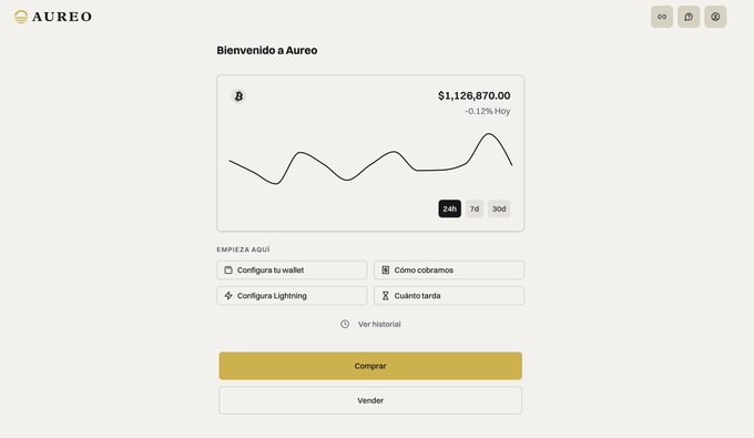 A Spanish-language crypto trading interface called Aureo showing a balance of $1,126,870.00, a price chart, and options to configure wallet, Lightning, and other settings.