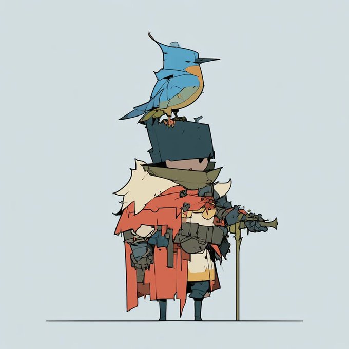An illustration of a small armored character wearing a tattered red cape and a large black hat, with a blue bird perched on top, holding a staff.