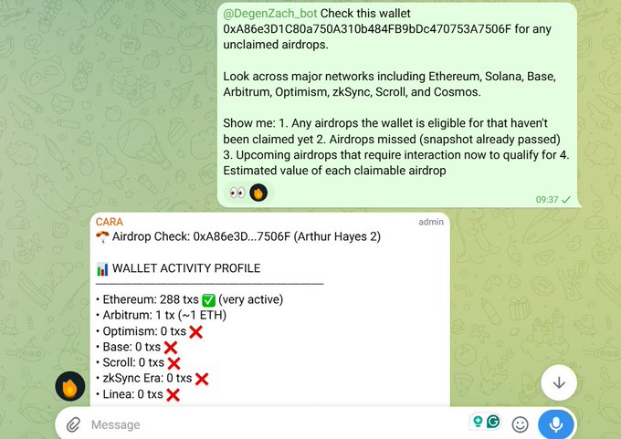 A Telegram chat screenshot from @DegenZach_bot analyzing a wallet (0xA86e3D1C80a750A310b484FB9bDc470753A7506F), showing activity on Ethereum (288 txs) but none on Arbitrum, Optimism, Base, Scroll, zkSync Era, or Linea.