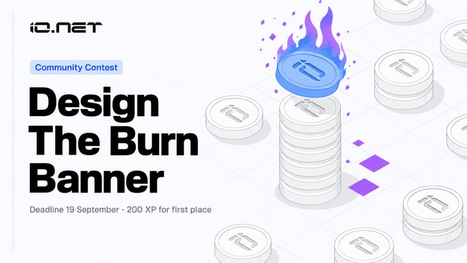 iC.net 'Community Contest' announcement for 'Design The Burn Banner' with a deadline of 19 September and 200 XP reward for first place, featuring an illustration of a burning coin on top of a stack of coins.