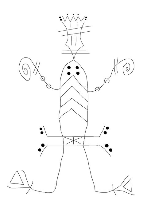 A whimsical, abstract line drawing of a figure with a crown, antennae-like swirls for arms, and triangular feet, drawn with simple black lines on a white background.