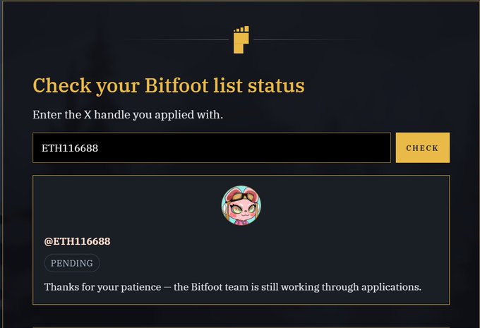 A Bitfoot list status check page showing the handle ETH116668 with a PENDING status.