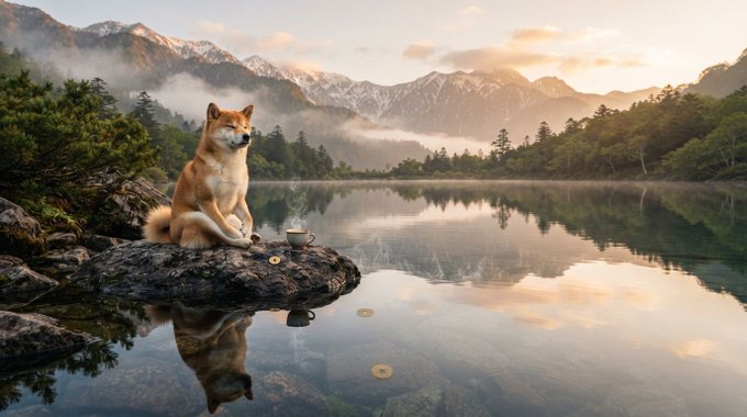 A serene scene of a Shiba Inu dog sitting on a rock beside a perfectly reflective mountain lake at golden hour, with a steaming cup beside it.