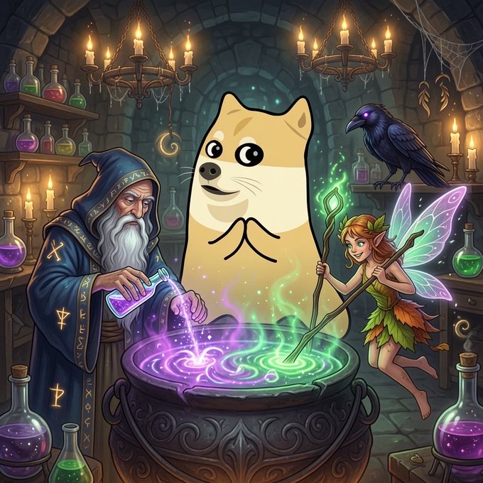 A cheerful Shiba Inu joins an elderly wizard and a fairy in brewing a glowing purple and green potion inside a candlelit witch's lair, perfectly capturing the magical $SHIBU evening theme.