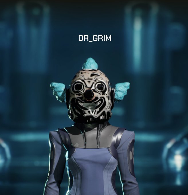 A character named DR_GRIM wearing a distinctive skull-like mask with turquoise wing-like attachments and a blue/purple futuristic bodysuit.