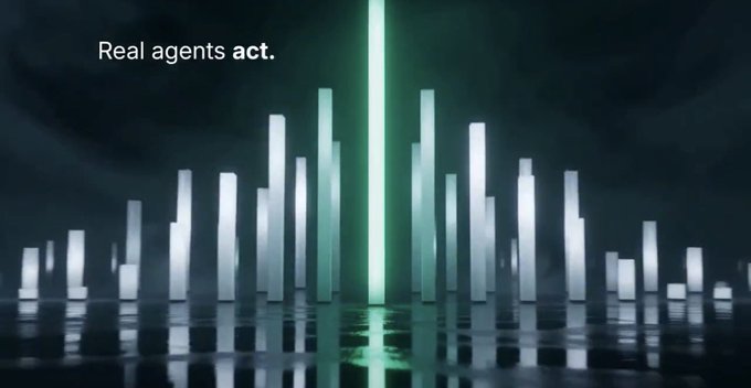 A digital graphic with the tagline 'Real agents act.' showing a stylized bar chart illuminated by a vertical green light beam against a dark background.
