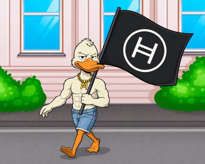 A muscular anthropomorphic duck wearing jean shorts and a gold "H" necklace marches confidently while carrying a black flag bearing the Hedera (HBAR) logo. The image ties into the "$HBAR IS HOME BABY!" post by depicting the mascot literally staking its claim and returning home with the HBAR flag in hand.