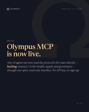 A dark promotional graphic announces 'Olympus MCP is now live,' describing it as a read-only interface for AI agents to read protocol state covering backing, treasury, and governance.