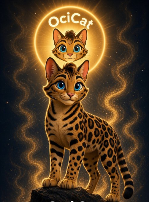 A digital illustration features a spotted ocelot-like cat with bright blue eyes sitting on a rock with golden light emanating around it, with 'OciCat' text and a cat face logo above.