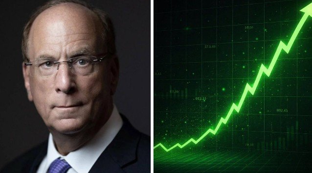 A formal portrait of a bespectacled, balding man in a dark suit and purple tie next to a green upward-trending stock chart on a dark grid background.