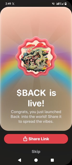 A mobile app screen announcing "$BACK is live!" with a colorful stamp-like logo and a "Share Link" button.