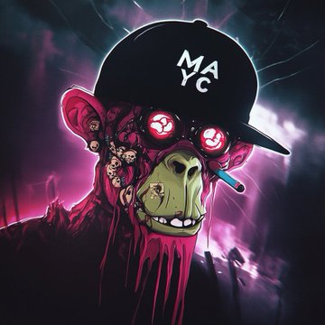 The image features a stylized, pink-lit monkey wearing a black cap emblazoned with "MAYC" (Mutant Ape Yacht Club), red glowing sunglasses, a cigarette, and a gold grill, evoking edgy NFT streetwear culture. The "MAYC" branding ties directly into the $DOG (a Dogecoin-related token) hype meme, using the iconic mutant ape aesthetic as a symbol of crypto community devotion in the "Day 200 of posting until ATH" grind.
