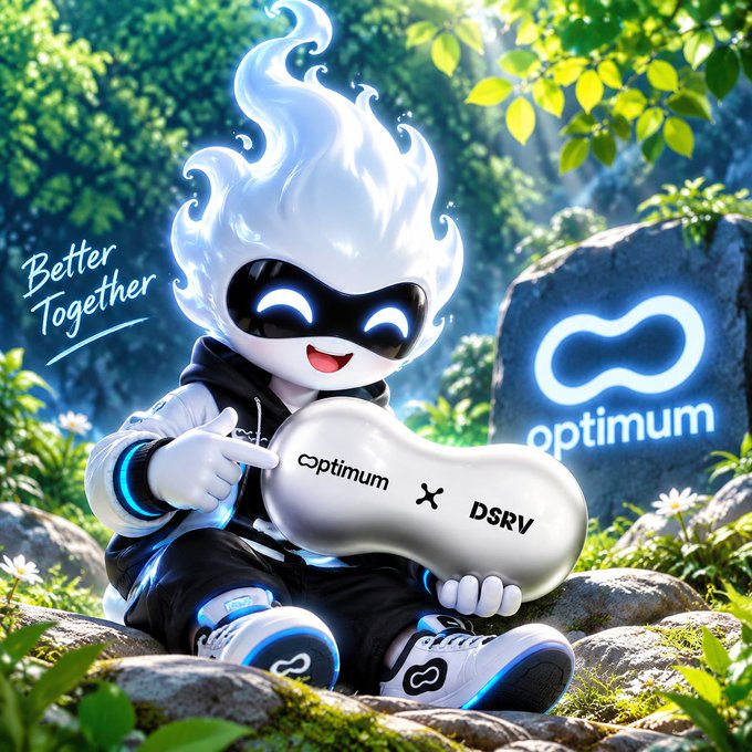A 3D-rendered mascot character with glowing blue flame-like hair and a black mask, holding a white bean-shaped object labeled 'optumptum x DSRV', with 'Better Together' text and an 'optumptum' logo stone in a lush green forest setting.