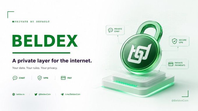 Promotional graphic for BELDEX cryptocurrency, described as 'A private layer for the internet' with features for private chat, secure VPN, and private payments.