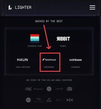 The image shows a "Backed by the Best" section on the Lighter website, highlighting key investors including Founders Fund, Ribbit, Haun Ventures, Robinhood, and Coinbase, with an arrow and red box emphasizing Robinhood's investment. This visually supports the post's claim that Robinhood Crypto has invested in Lighter ($LIT), contrasting it with their newer investment in Arcus.