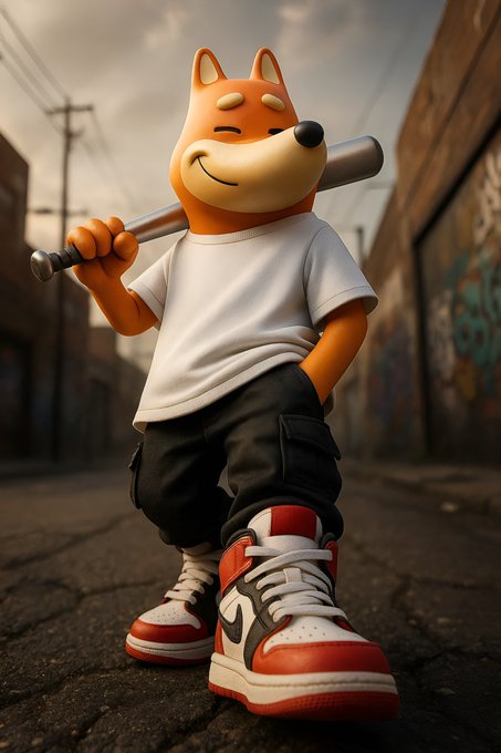 A 3D-rendered cartoon Shiba Inu character wearing a white t-shirt, black cargo pants, and red and white sneakers holds a baseball bat over his shoulder in an urban alleyway setting.