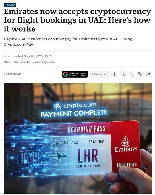 A news article headline reads "Emirates now accepts cryptocurrency for flight bookings in UAE: Here's how it works," with the image showing an Emirates boarding pass for a Business Class flight from Dubai (DXB) to London Heathrow (LHR), overlaid with a "crypto.com PAYMENT COMPLETE" graphic—visually illustrating the new partnership allowing UAE customers to pay for Emirates flights in AED using Crypto.com Pay.