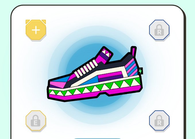 A digital illustration of a colorful sneaker (purple, blue, green, and pink) with geometric patterns, displayed in a game-like interface with add and lock icons in the corners.