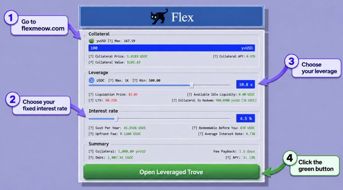An instructional screenshot of a 'Flex' crypto platform interface showing how to open a leveraged trove, with numbered steps pointing to website, interest rate, leverage (10.0x), and an 'Open Leveraged Trove' button.