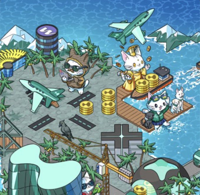 A whimsical cartoon scene shows cat characters in a tropical island setting, with an airplane dropping golden coins and stacks of coins prominently displayed, while a building bears a purple logo that resembles the Hyperliquid "H" symbol—tying into the post's playful suggestion that the falling coins foreshadow a Hyperliquid airdrop.