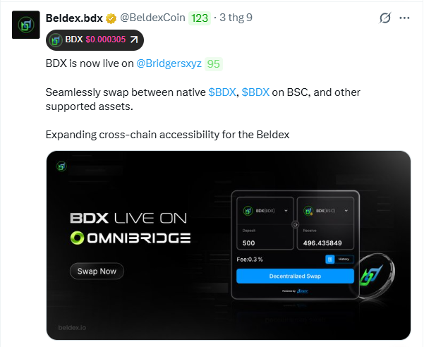 A tweet from Beldex.bdx (@BeldexCoin) announces that BDX is now live on @Bridgersxyz, promoting cross-chain swaps between native $BDX and $BDX on BSC via OmniBridge.