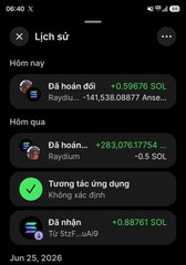 A mobile app screenshot in Vietnamese showing a history/transactions page with recent activities including Raydium transactions and 'Tương tác ứng dụng' entries, dated Jun 25, 2026.