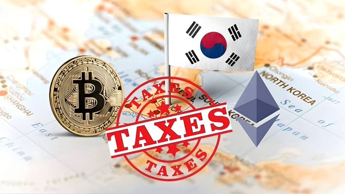 A Bitcoin and Ethereum coin are placed on a map behind a South Korean flag, illustrating the country's proposed cryptocurrency tax. The "TAXES" stamp signifies the impending financial regulation on digital assets.