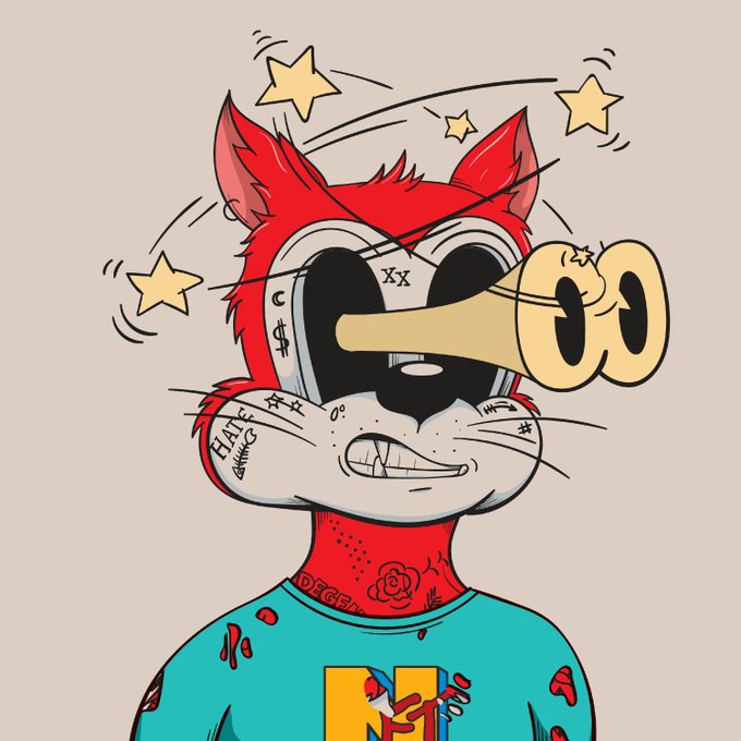 Cartoon drawing of a dazed red cat character with X eyes, stars circling its head, facial tattoos (including 'HALF') and a long snout, wearing a teal shirt.