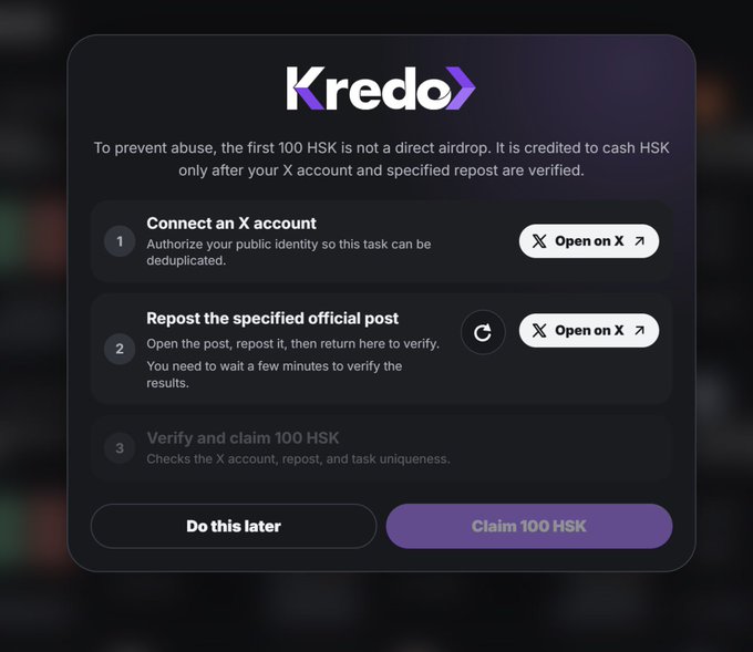 A dark-themed Kredo popup window displays instructions for claiming 100 HSK tokens, noting that to prevent abuse, the first 100 HSK isn't a direct airdrop but is credited to cash HSK after X account and repost verification. The three-step process includes: 1) "Connect an X account" to authorize public identity for deduplication, 2) "Repost the specified official post" with an "Open on X" button, and 3) "Verify and claim 100 HSK" which checks account, repost, and task uniqueness. Buttons at the bottom offer "Do this later" and "Claim 100 HSK" options, relating to the accompanying post about joining Kredo's AI Market Ecosystem Forecasting Challenge with $100,000 in HSK rewards.