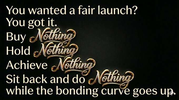The image features a poster with gold text that reads "You wanted a fair launch? You got it. Nothing. Hold. Achieve. Sit back and do nothing while the". The poster has a black background, which contrasts with the gold text. The poster is designed in a way that it appears to be floating or hovering above the viewer's head.
