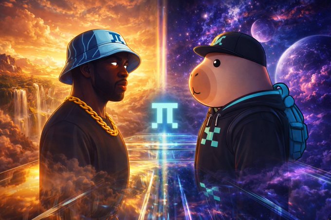 A fantasy-style digital artwork shows two figures facing each other with glowing eyes—one in a blue bucket hat and gold chain, the other a bear-like character in a hoodie—with a Pi symbol glowing between them.
